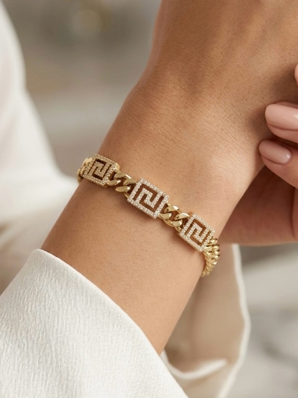 14K Gold Plated Chunky Link Chain Bracelet with Greek Key & Pavé CZ Accents